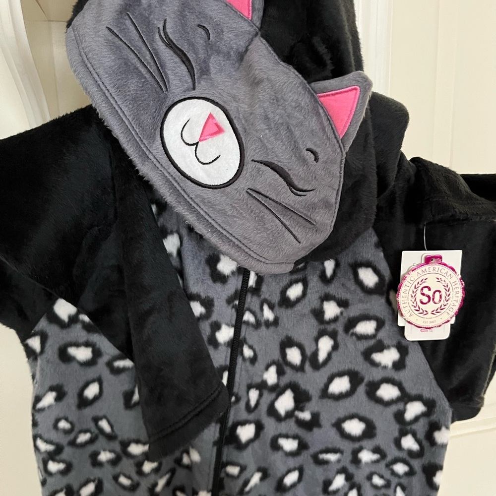 NWT girls fleece pajamas hooded cat with zipper